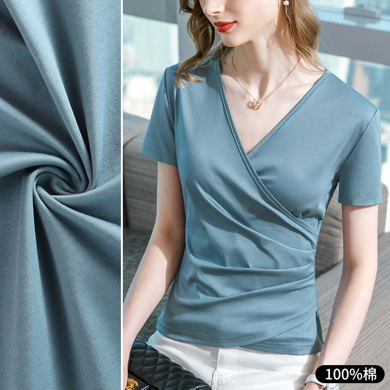 Camiseta de manga corta de algodón mercerizado de doble cara para mujer verano 2023 nueva camiseta de algodón con cuello en v cruzado para mujer cintura plisada top