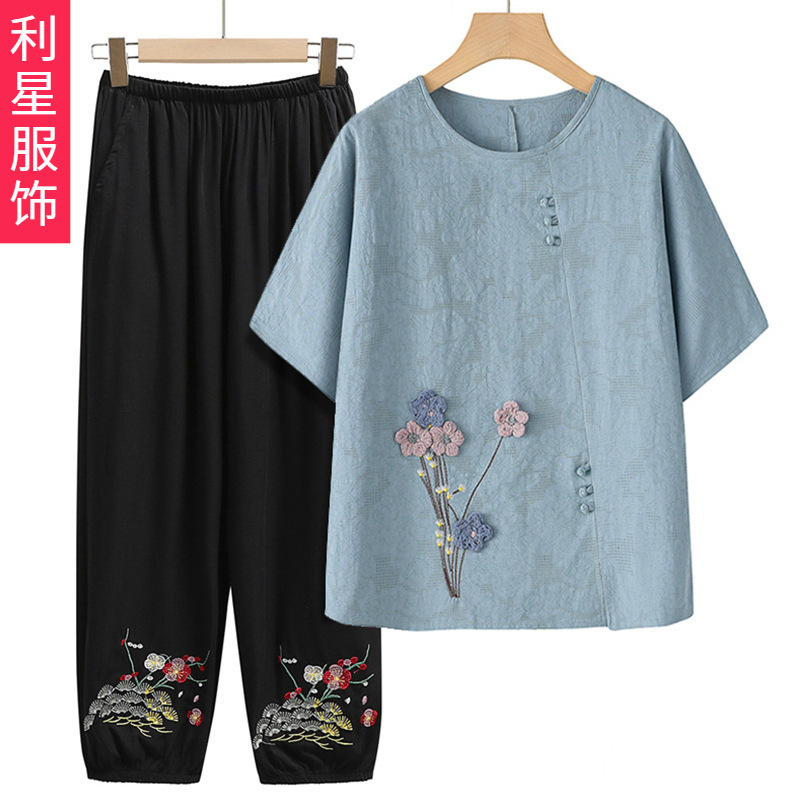Grandma's Summer Short-sleeved Top Women's Middle-aged and Elderly Thin Cotton and Linen Stylist Mother Suit Old Man's Wife's Summer Clothes