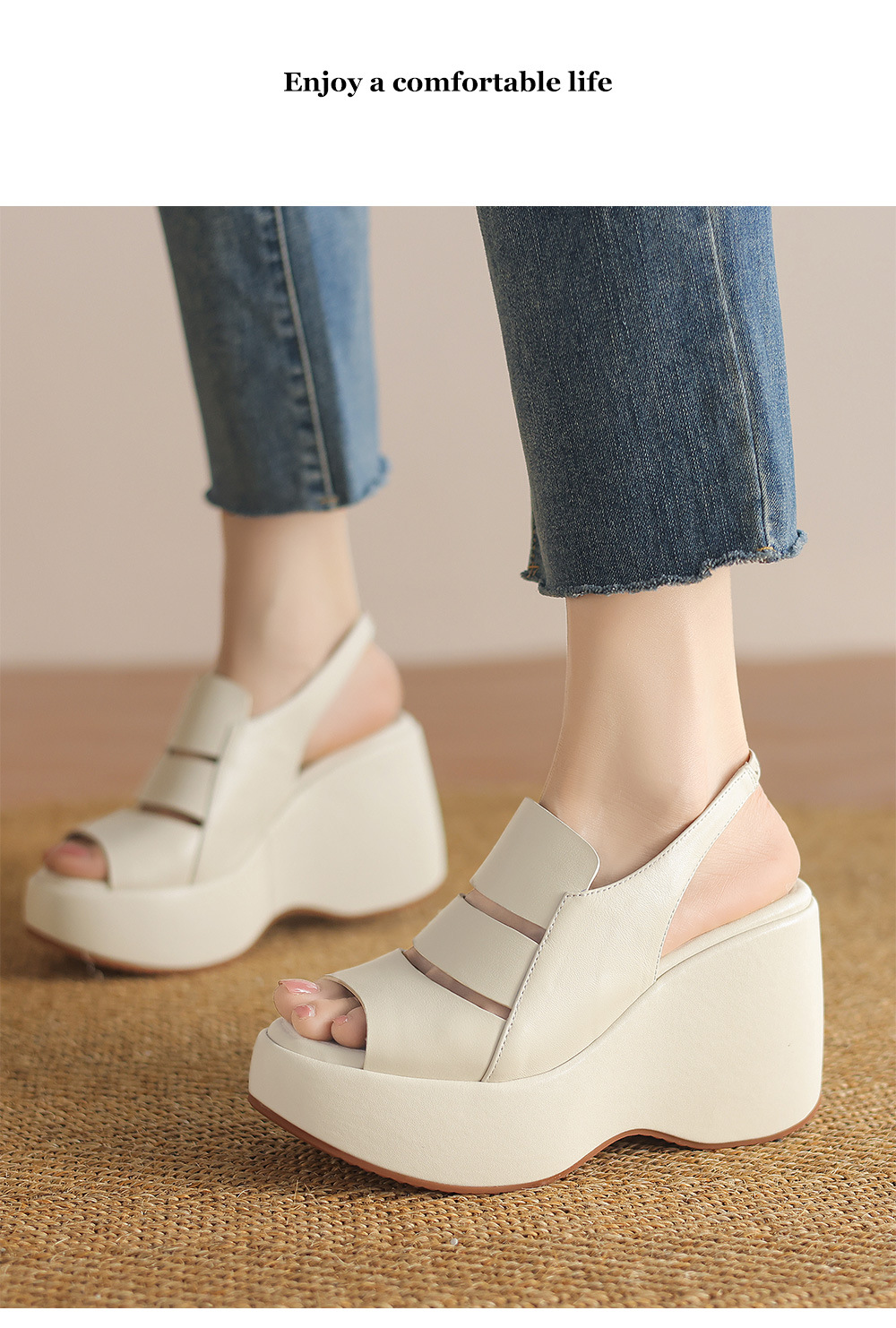 Sandal nữ đế xuồng cao gót da thật phong cách La Mã, gót 9 cm — đen, Màu trắng nhạt chi tiết 9