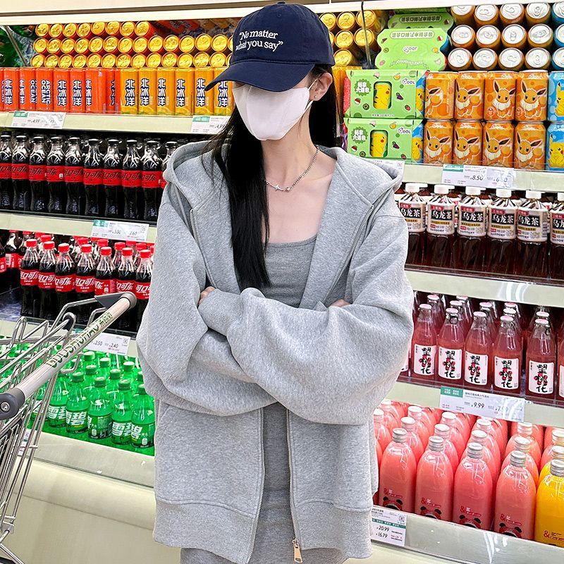 秋季外套女春秋款连帽卫衣女2025新款爆款早秋韩系灰色开衫上衣女|undefined