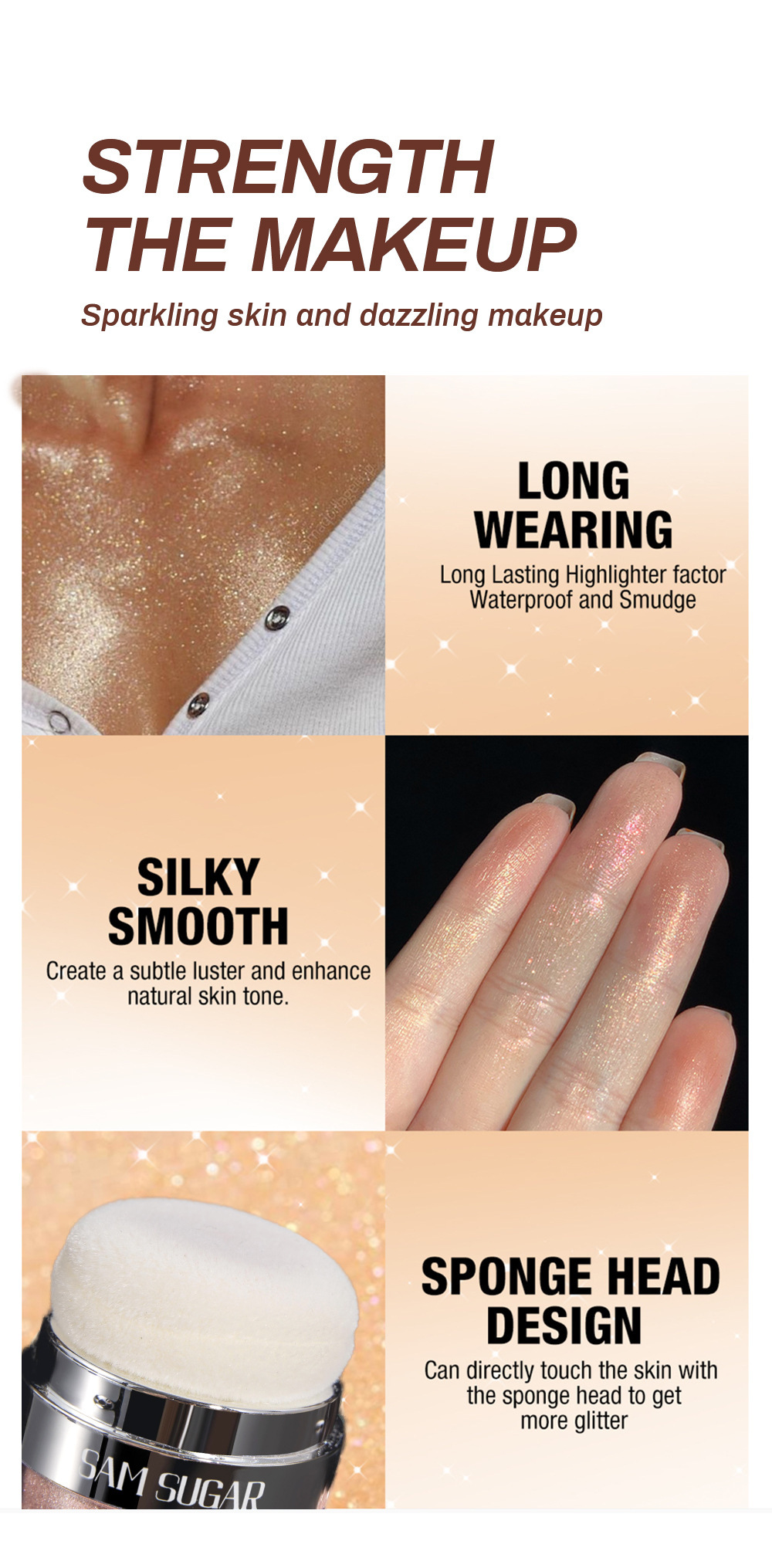 SAM SUGAR Cushion Highlighter Glitter Multi-functional Three-dimensional Contouring and Brightening Pearlescent Eyeshadow Body Pat Powder Application Scenario