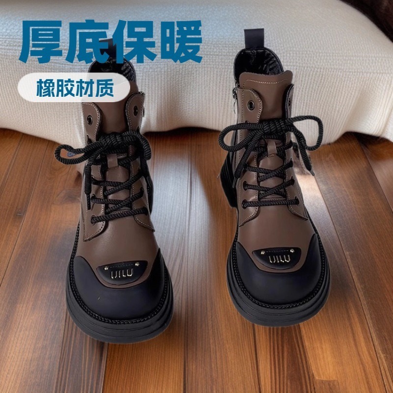 WD厚底侧拉链靴女秋季新款英伦复古优雅风短靴潮黑色短筒靴子冬|undefined