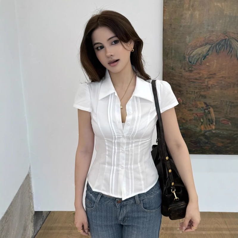 In-Stock European and American 2026 New Style Short-Sleeve Slim-Fit Collared Fashion Versatile Workwear Pleated Solid Color Shirt In-Stock European and American 2026 New Style Short-Sleeve Slim-Fit Collared Fashion Versatile Workwear Pleated Solid Color Shirt