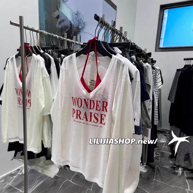 Factory In-Stock Beach Vacation Sun Protection Cover-Up Two-Piece Set Halter Neck English Print Long-Sleeve T-Shirt Women's Camisole Top