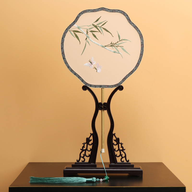 Estilo antiguo translúcido abanico redondo de mango largo bordado abanico redondo corte clásica abanico de bordado femenino estilo chino ventilador de la danza al por mayor