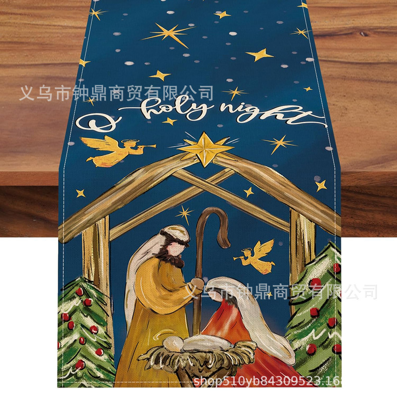 亚马逊爆款圣诞节桌旗亚麻材质雪人印花美式圣诞节餐桌装饰桌布|undefined