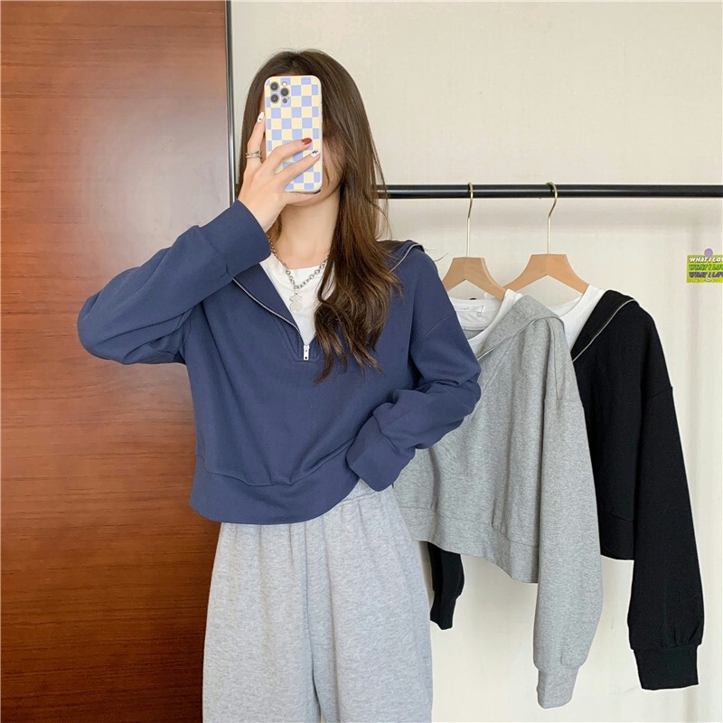 Fake Two-Piece Navy Collar Short Sweatshirt for Women Spring & Fall Thin 2025 New Korean Style Loose Long-Sleeved Top Jacket