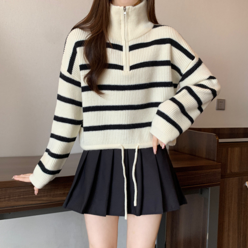 plus size Half Zip Lapel Striped Sweater Women's Autumn and Winter Outer Wear chubby girl Slim-fit Loose Lazy Style Short Sweater plus size Half Zip Lapel Striped Sweater Women's Autumn and Winter Outer Wear chubby girl Slim-fit Loose Lazy Style Short Sweater