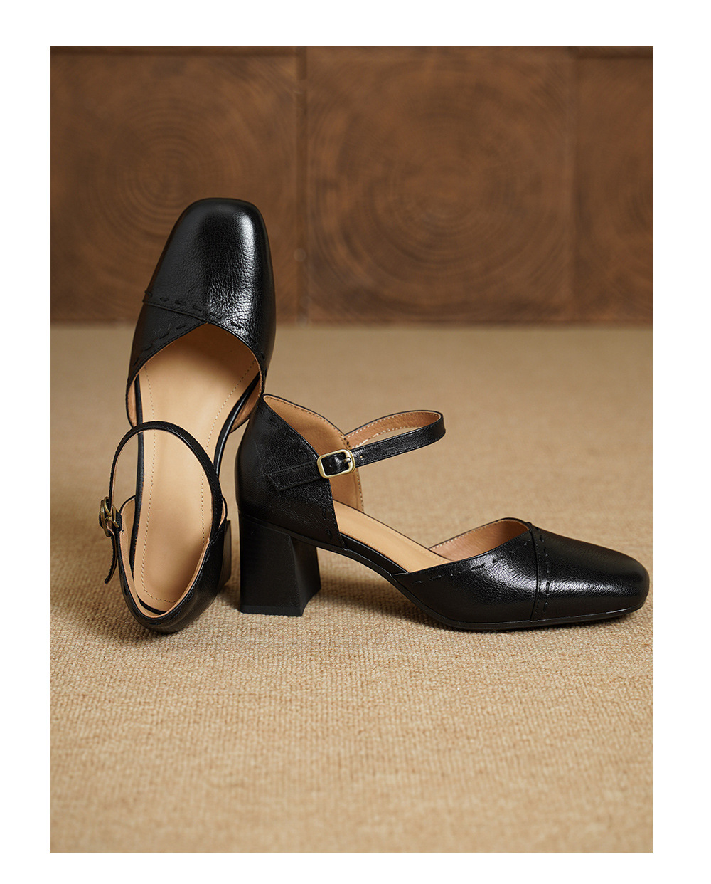Giày sandal cao gót nữ quai ngang mũi vuông gót 6 cm — đen chi tiết 15