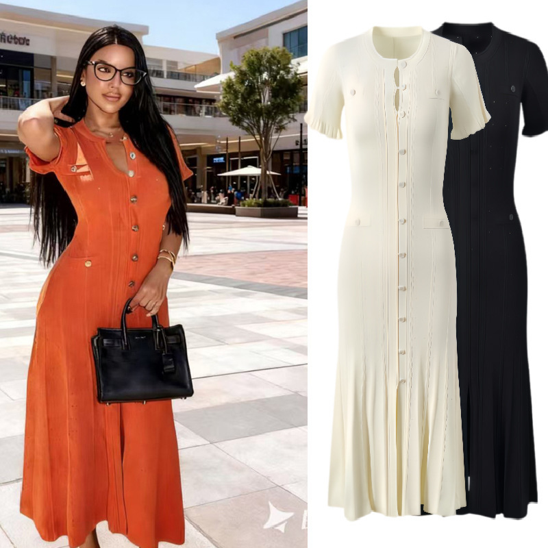 Cross-Border European and American Style New Long Luxury Knit Coat with Ruffled Edges, First Love Hollow-Out Long Dress