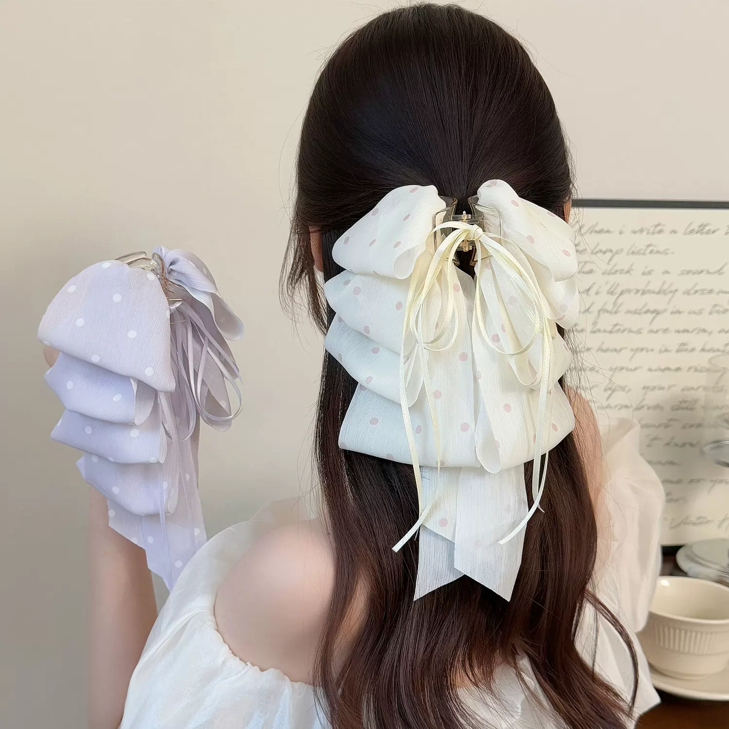 超仙网纱蝴蝶结波点马尾夹清新甜美淑女风抓夹设计感波点多层发夹