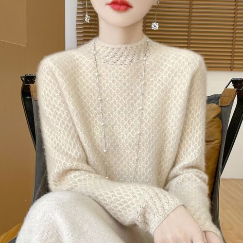 Heavy industry hollow hook pattern half high collar 100% pure cardigan women's long-sleeved sweater sweater loose cashmere bottoming shirt