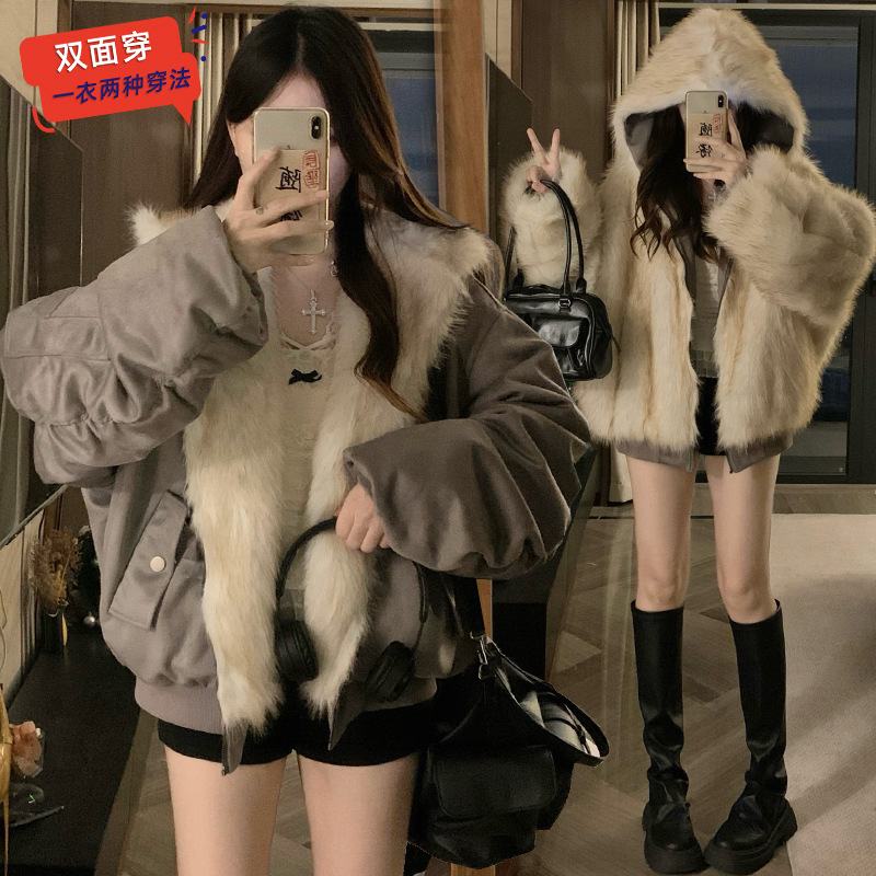 实拍麂皮绒双面穿环保皮棉服外套女2025冬季加厚保暖飞行夹克潮
