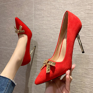 Korean fashion pointed shallow mouth suede high heels thin heel sexy women’s single shoes diamond women’s shoes