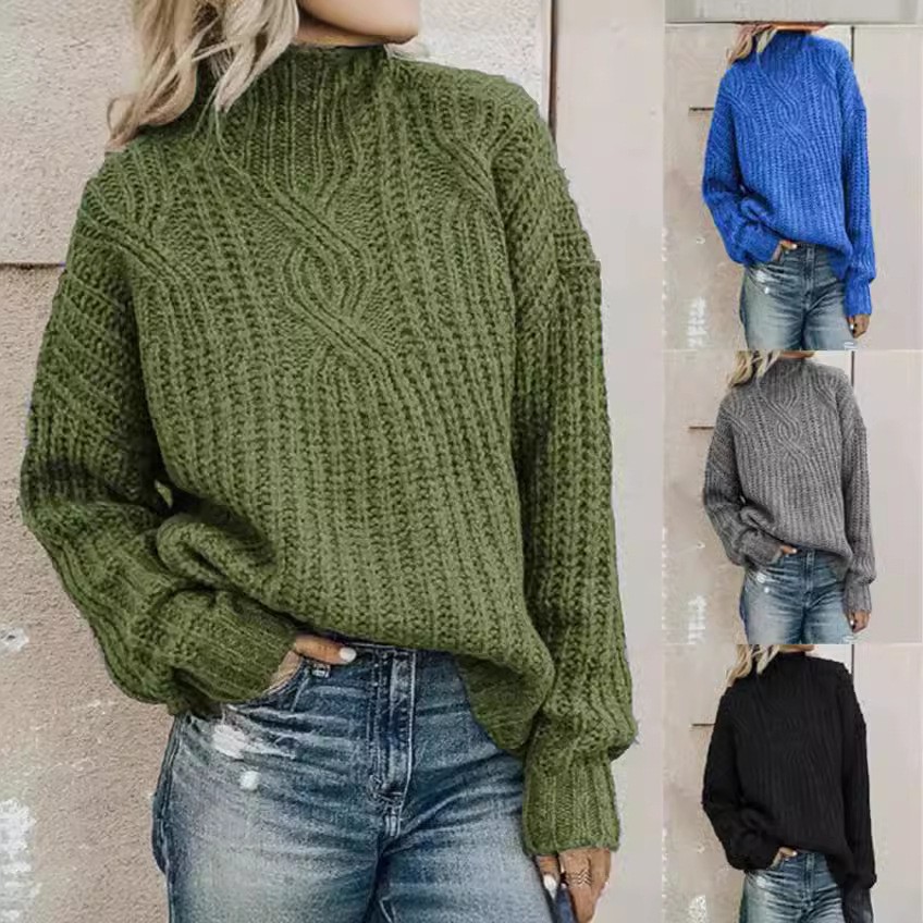 2025欧美毛衣女士高领麻花针织上衣套头衫ebay跨境亚马逊sweater