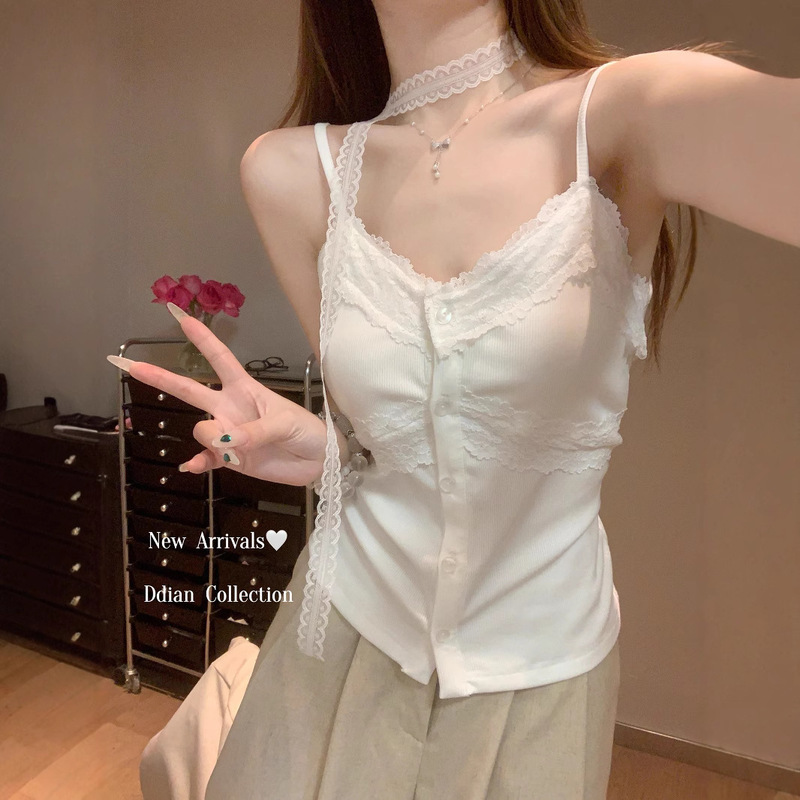 Sweet Spice Style Lace Camisole Women's Summer New Korean Style Slim-fit Slim-fit White Short Top