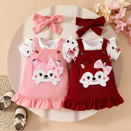 2025夏季婴幼儿童卡通狐狸爱心印花短袖哈衣蝴蝶结背带直筒裙套装