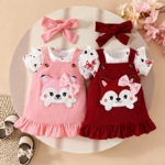 2025夏季婴幼儿童卡通狐狸爱心印花短袖哈衣蝴蝶结背带直筒裙套装