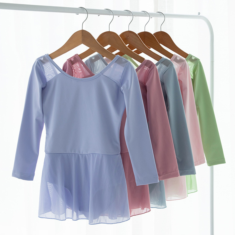 儿童舞蹈服装连体裙锦纶女童开档暗扣长袖练功服弹力网拼接秋冬款