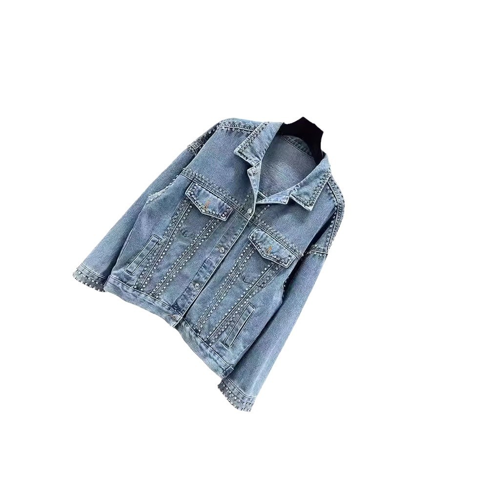 Giacca in denim oversize da donna con decorazioni di perline e diamanti – Cappotto in jeans blu vintage dalla vestibilità ampia per uno stile casual e boho_voghion.com