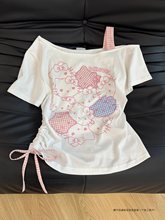 日系甜美风可爱猫咪吊带斜肩短袖t恤女小众设计感不规则抽褶上衣