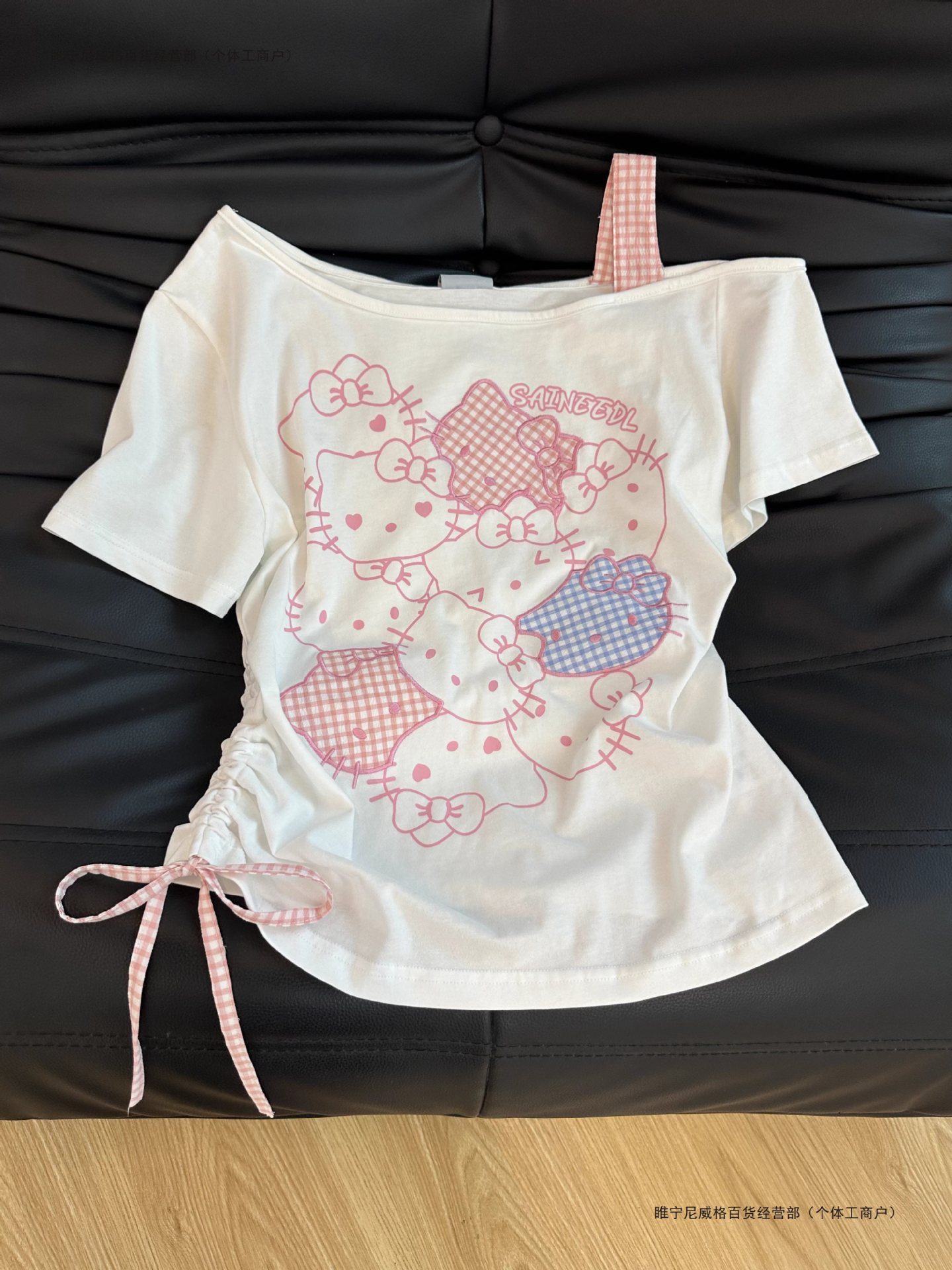 日系甜美风可爱猫咪吊带斜肩短袖t恤女小众设计感不规则抽褶上衣