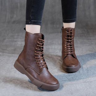 Martin Boots plus size Women's British Style 2025 Autumn and Winter New fleece-lined Flat Retro Short Boots Lace-up Side Zipper