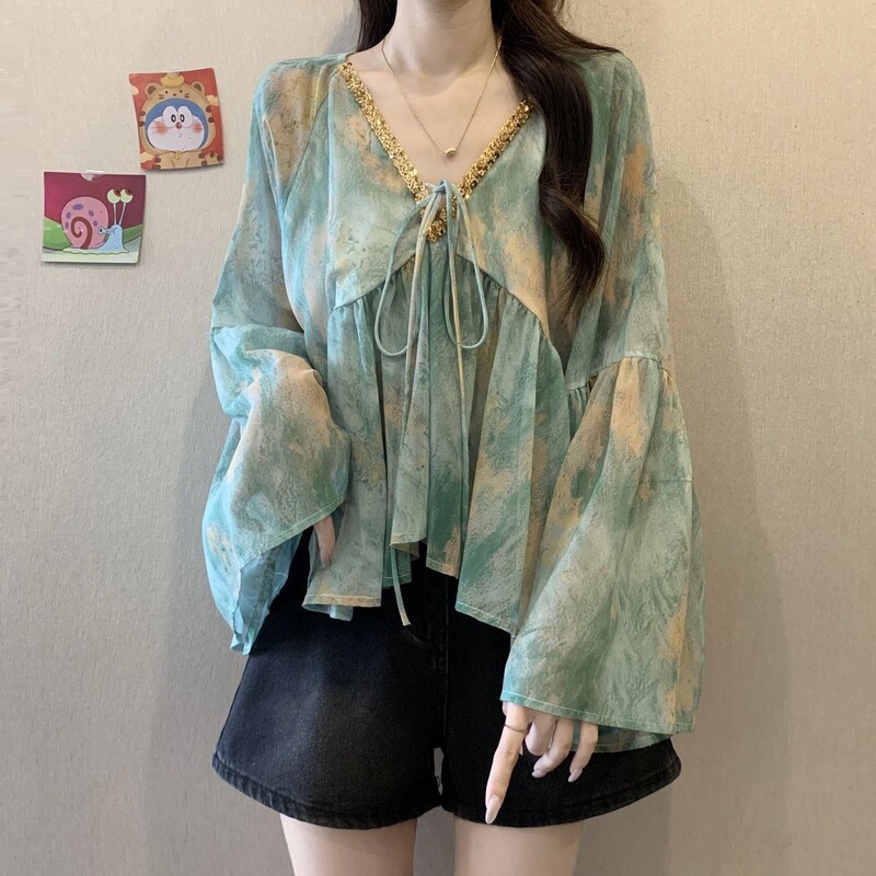 Plus-Size Sequin Gradient Sun-Protective Chiffon Shirt, Summer 2026 New Style, Collar Cover-Belly Shirt Top