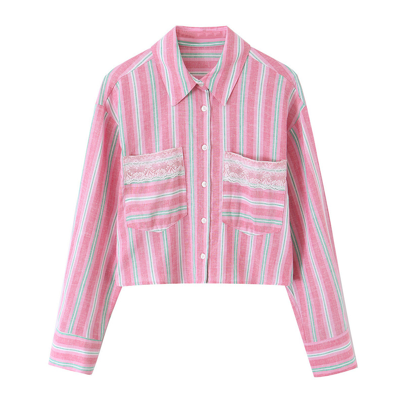 Foreign Trade Wholesale Spring New Style European and American Style Lace Detail Pocket Decoration Striped Short Shirt 2755654 Foreign Trade Wholesale Spring New Style European and American Style Lace Detail Pocket Decoration Striped Short Shirt 2755654