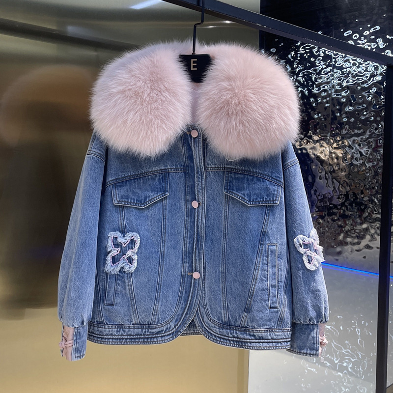 European Station 2023 Winter New Fox Fur Coat Denim Goose Down Jacket Women's Fur Pike