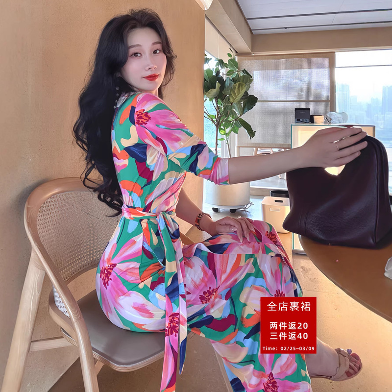 Vintage Print One-Piece Elegant Dress for Women 2026 New Spring/Summer Slimming Ice Green Pastel Tie-Waist Wrap Dress Vintage Print One-Piece Elegant Dress for Women 2026 New Spring/Summer Slimming Ice Green Pastel Tie-Waist Wrap Dress