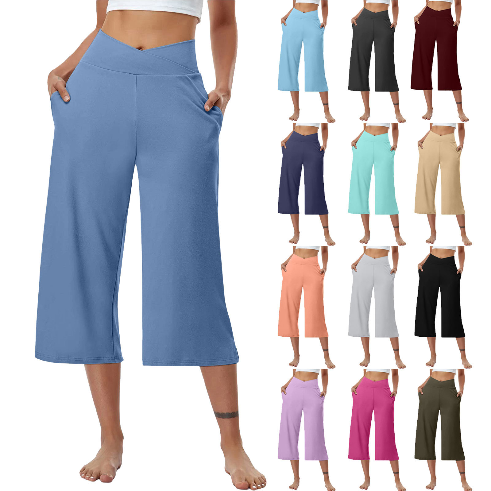 Cross-Border European and American Autumn New High-Waisted Hip-Lifting V-Waist Wide-Leg Fitness Running Cropped Pants Women's Yoga Flared Pants