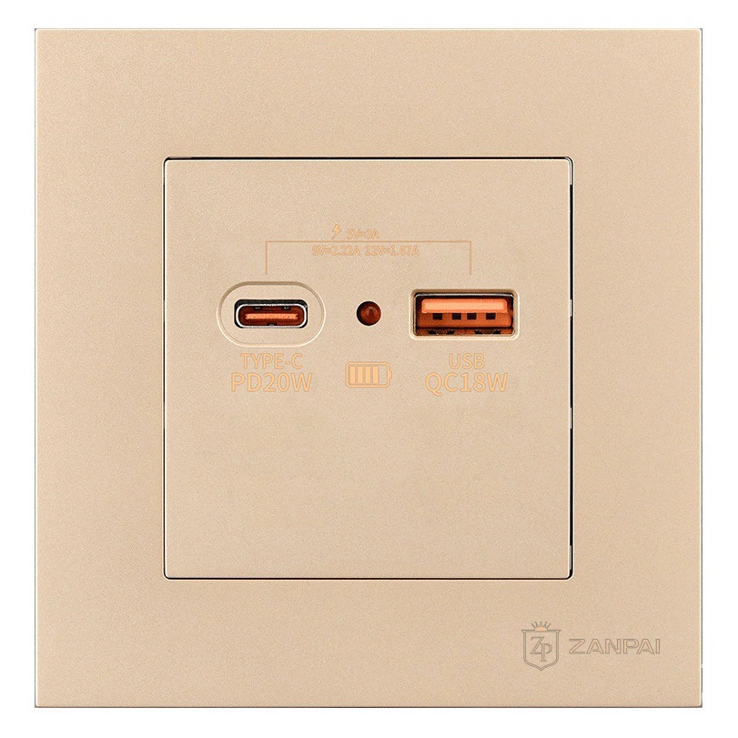 Нитрид галлия 20 Вт двухпозиционная USB-розетка для быстрой зарядки 86 скрытое золото TYPE-C панель мощной зарядной розетки