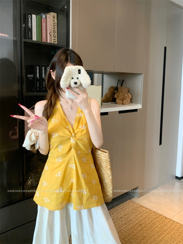 フレンチパープル刺繍Vネックホルターネックキャミソールレディース夏ノースリーブウエストシャツデザインアウタートップ|undefined
