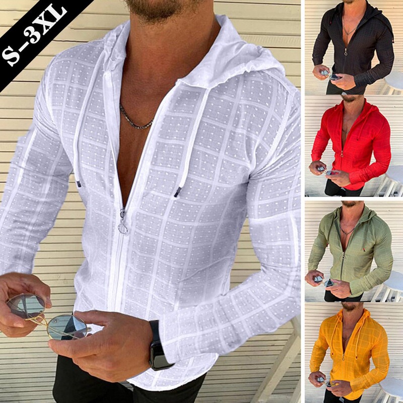 Hot-Selling Autumn New European and American Men's Fashion Casual Hooded Zipper Slim-Fit Shirt, Solid Color Embossed T-Shirt Shirt Hot-Selling Autumn New European and American Men's Fashion Casual Hooded Zipper Slim-Fit Shirt, Solid Color Embossed T-Shirt Shirt
