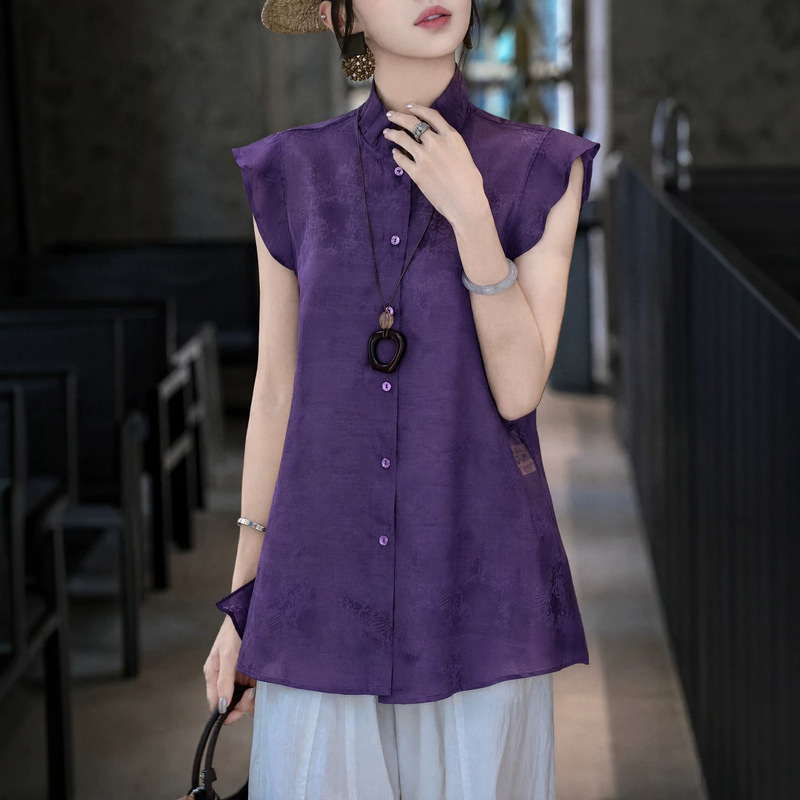 Dark purple dark-patterned mulberry silk organza shirt with ruffled stand-up collar and small flutter sleeves, lightweight and breathable top 218 Dark purple dark-patterned mulberry silk organza shirt with ruffled stand-up collar and small flutter sleeves, lightweight and breathable top 218