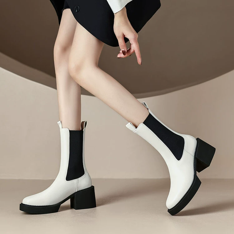 Черно-белые модные сапоги Martin с контрастными рукавами, женские сапоги на высоком каблуке, Новые Зимние непромокаемые сапоги на платформе 2022 года на толстой подошве