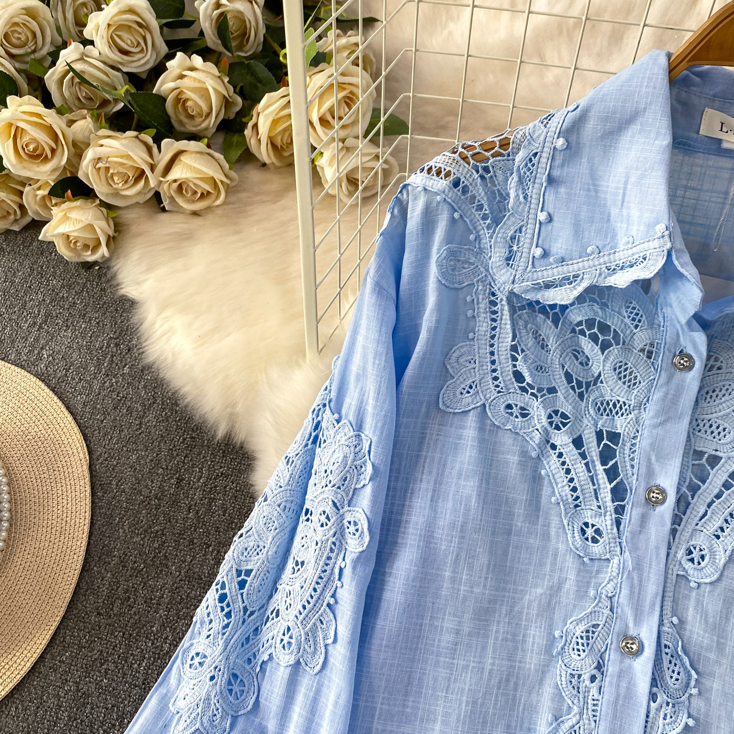 Gentle Blue Women's Crochet Lace Collar Cardigan Casual Mid-Length Shirt Sun Protection Spring/Autumn Summer Polyester_ecoleips.com