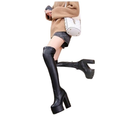 Women's Over-the-Knee Elastic Boots with Thick Soles and Waterproof Platform, Slim High Heel Long Boots, Sky-High Boots with 14CM Heels