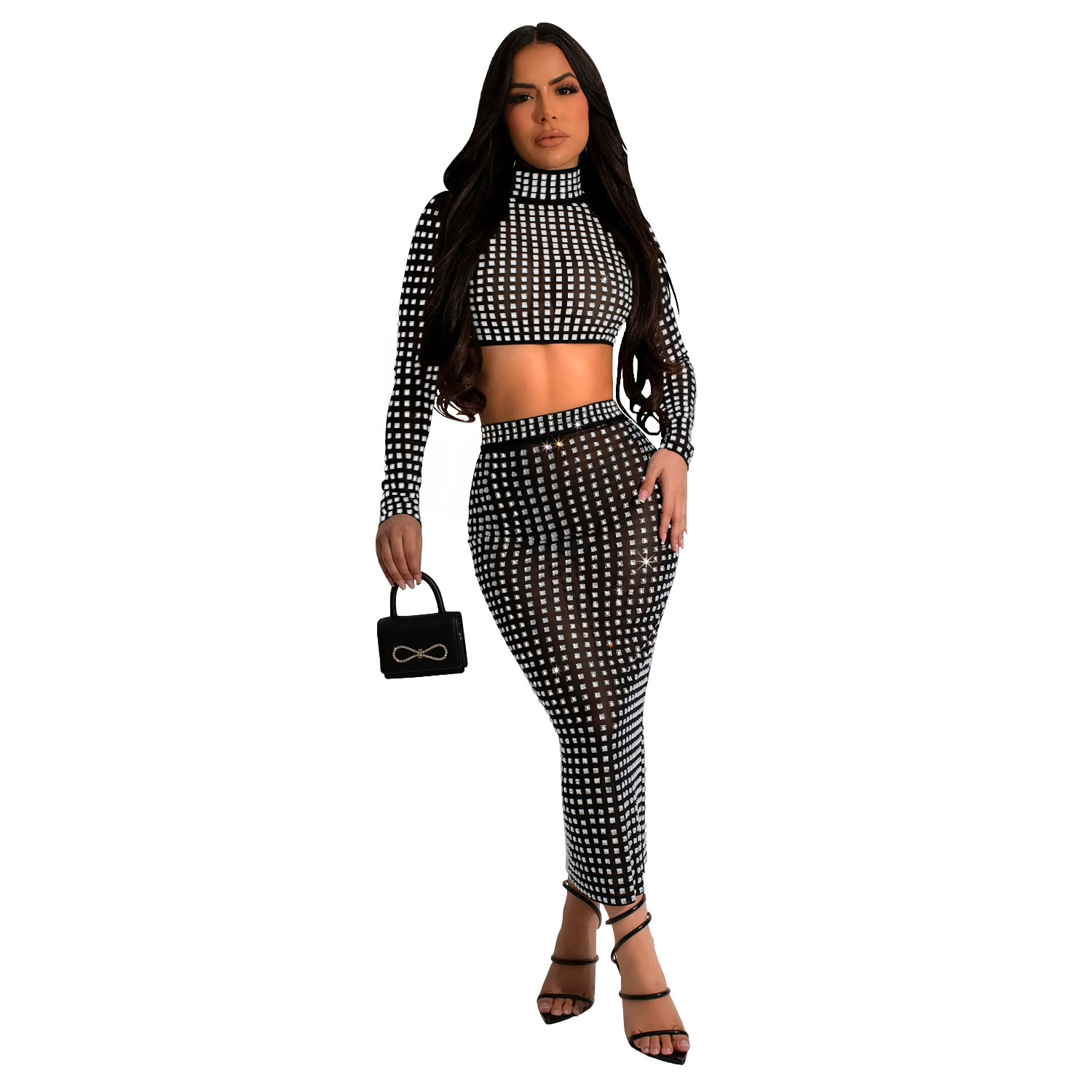 C6946 Cross-border AliExpress Amazon Independent Station Falda de dos piezas de malla de diamantes calientes de color sólido para mujer de moda europea y americana