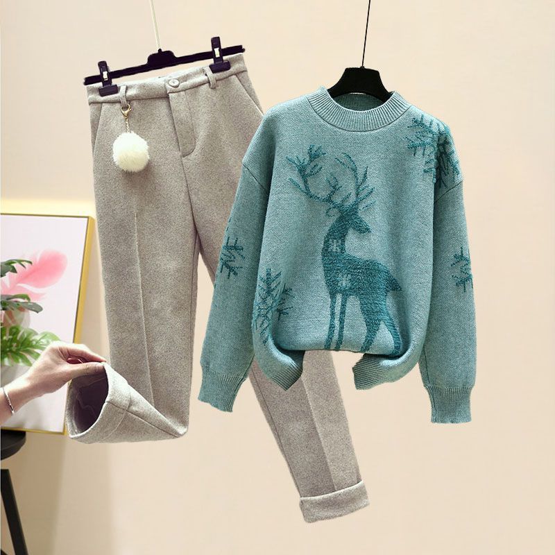Weihnachts-Rentier-Pullover-Set für Damen, neuer Herbst-Winter-Stil, locker gestrickter Pullover, dicke, gerade geschnittene Freizeithose, 2-teiliges Set_voghion.com