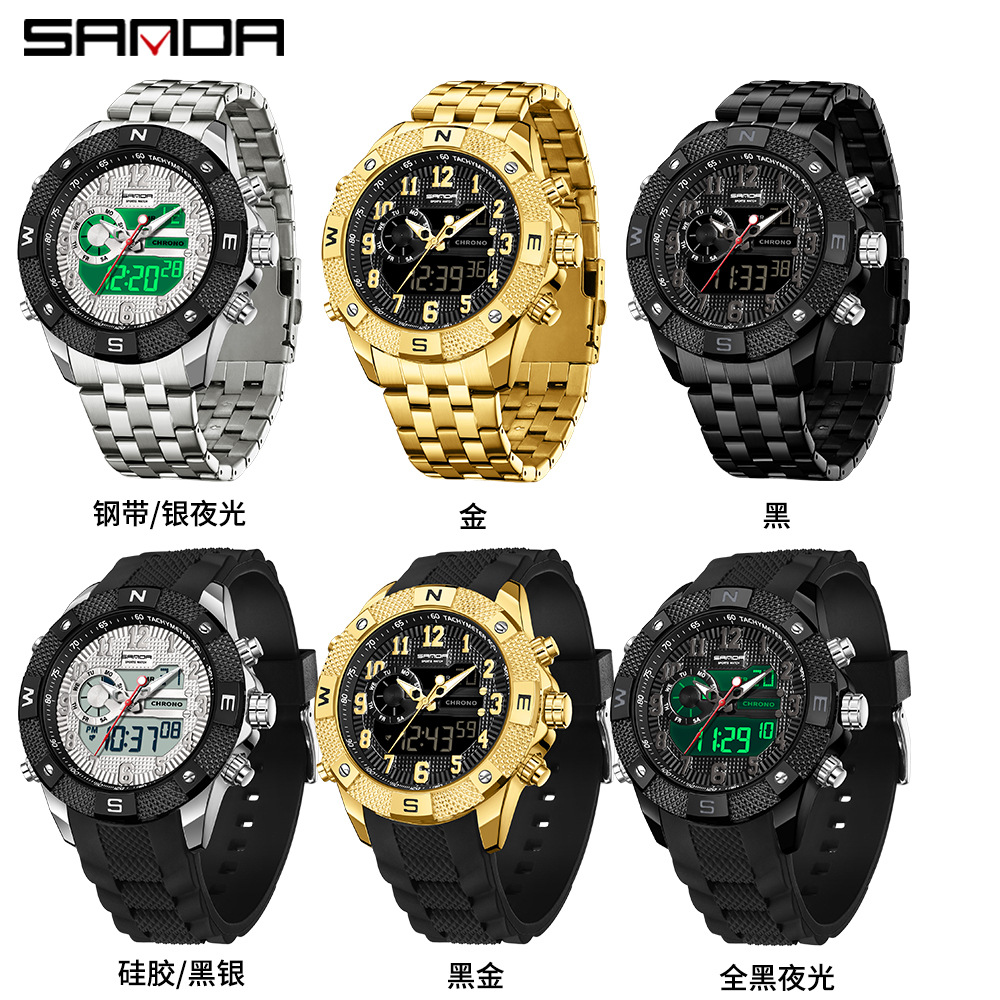 SANDA SANDA3308 nuevo reloj de pulsera electrónico con correa de acero, personalidad, creatividad, despertador multifuncional, reloj de luz nocturna