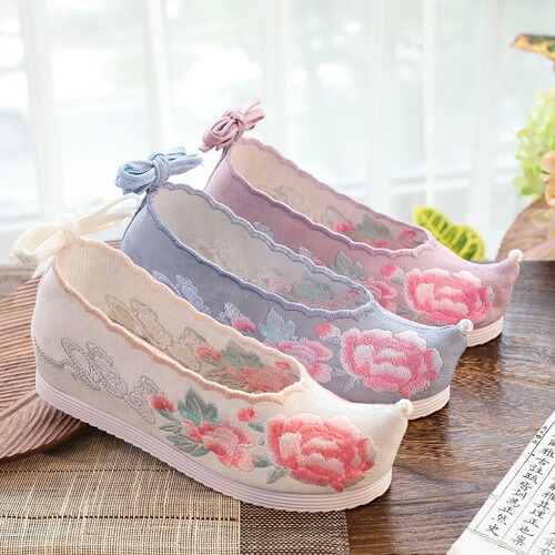 Bow shoes, Hanfu shoes, ancient style women's embroidered cloth shoes, inner heightening cocked toe costume shoes for students