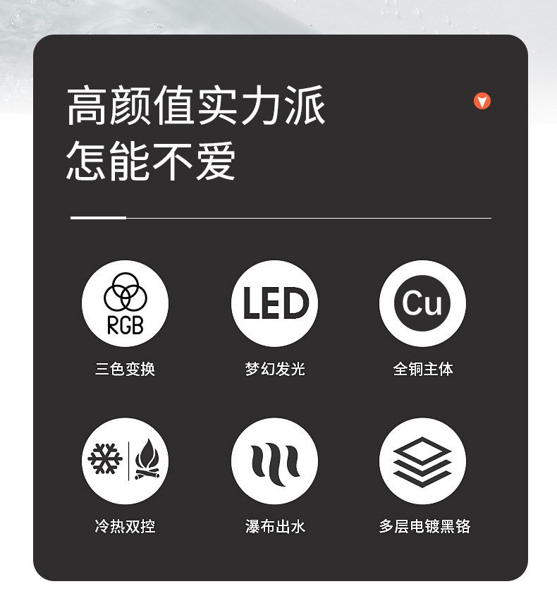 Cross-border manufacturer wholesale washbasins, hot and cold water faucets, all-copper waterfall, LED light, bathroom washbasins, bathroom single holes Specification drawing