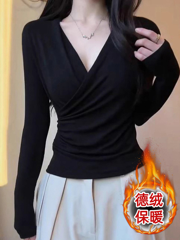 双面德绒黑色交叉v领长袖t恤女装秋冬季新款遮肚子内搭打底衫上衣|undefined