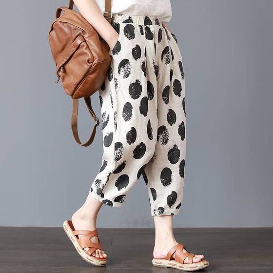 New Cotton Harlan Pants Thin Breathable Pants Ethnic Artistic Retro Fashion Cotton Linen Nine-point Pocket Printed Cotton Pants Large Size