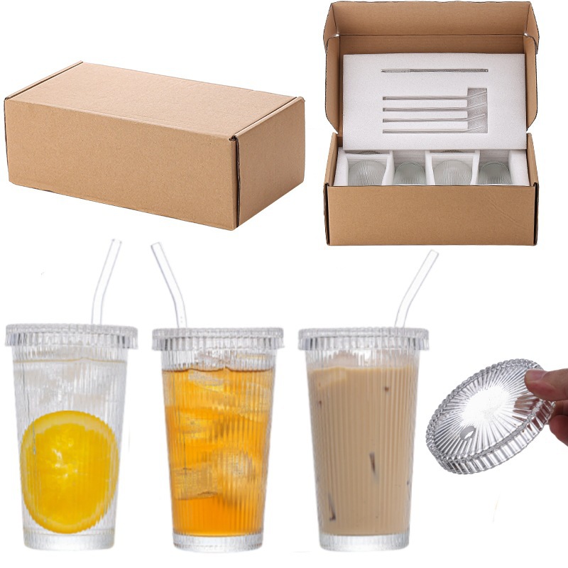 Vaso de vidrio con rayas, con tapa y pajita, para café/cóctel - Mayorista