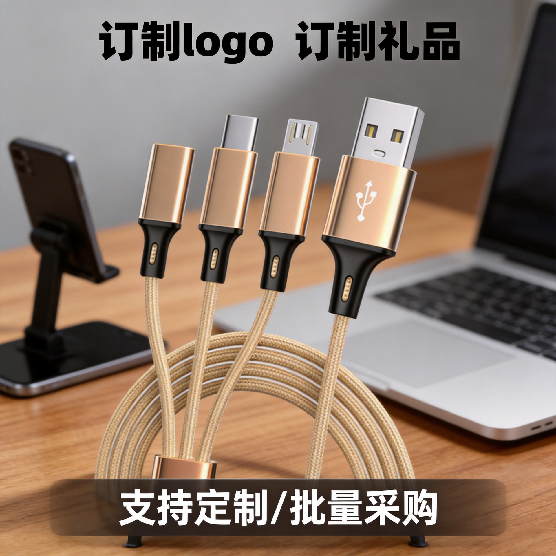 一拖三usb闪充type-c编织充电线 适用多色多型号三合一手机快充线
