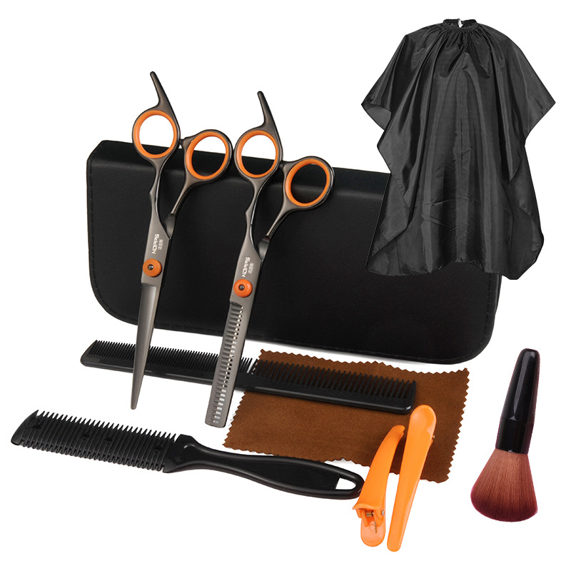 Negro naranja corte de pelo profesional tijeras de pelo Bangs artefacto corte plano corte fino traje tijeras de pelo femenino