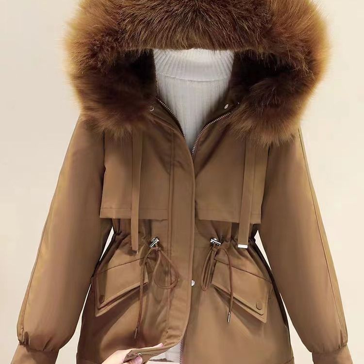 Añadir vello y grueso para superar la chaqueta de algodón corta y suelta de tamaño grande para mujeres, chaqueta de algodón casual coreana encapuchada de otoño y invierno